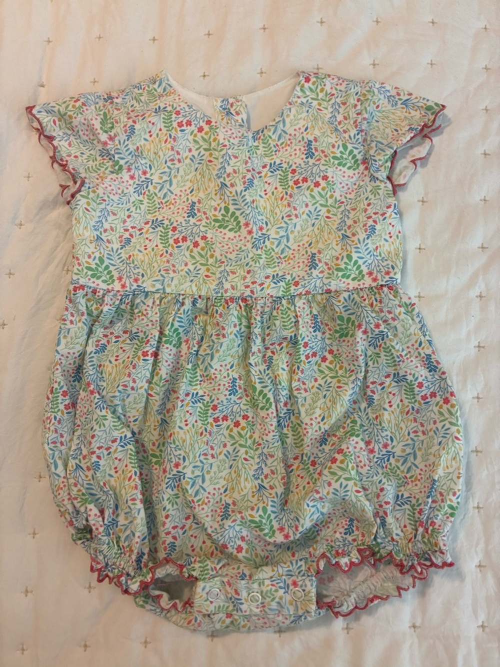 Bella Bliss Multicolor Floral Baby Romper Bubble with Red Ruffle Trim